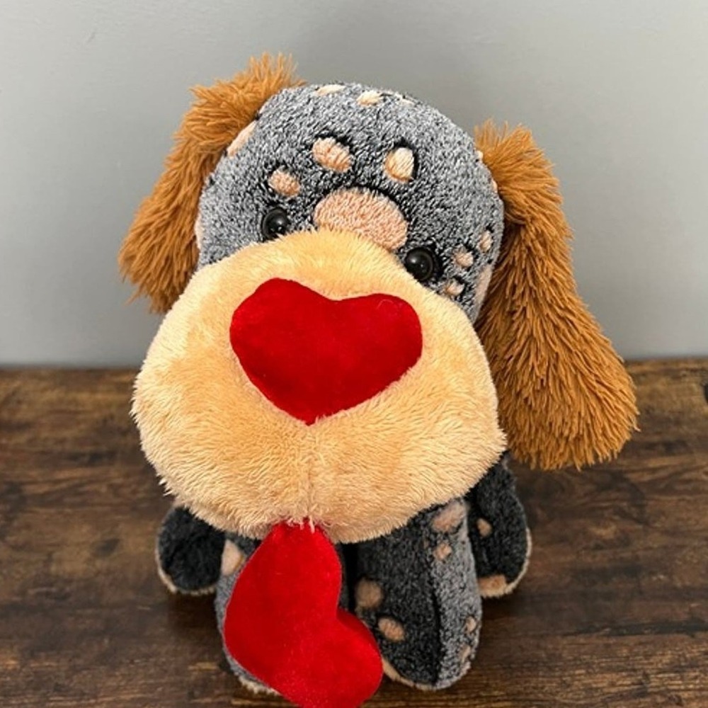 Dan Dee Collectors Choice Plush Puppy Dog Heart Nose Tongue Grey Tan Spotted 12"
